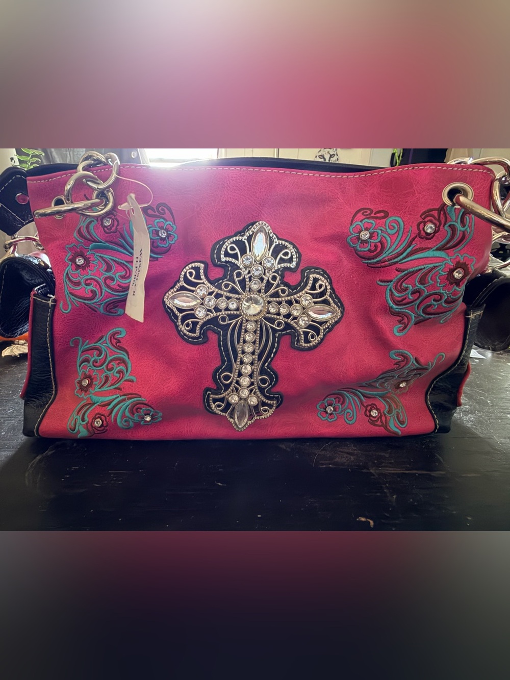Pink Turquoise Western Handbag Silver Cross and Rhinestones Faux Leather 12”x8”